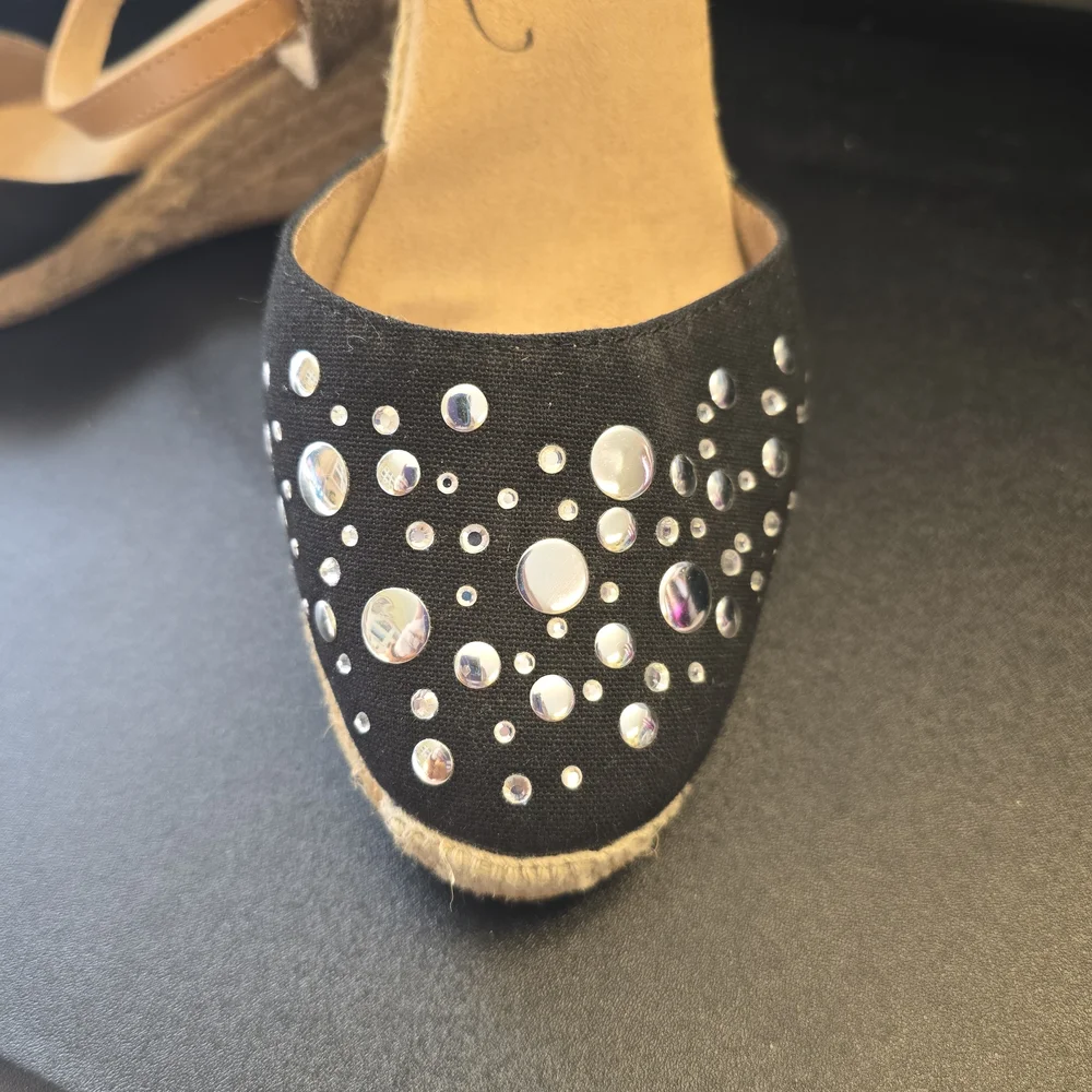 White Mountain Black Embellished Ankle-Strap Espradrille Wedges Size 7.5
